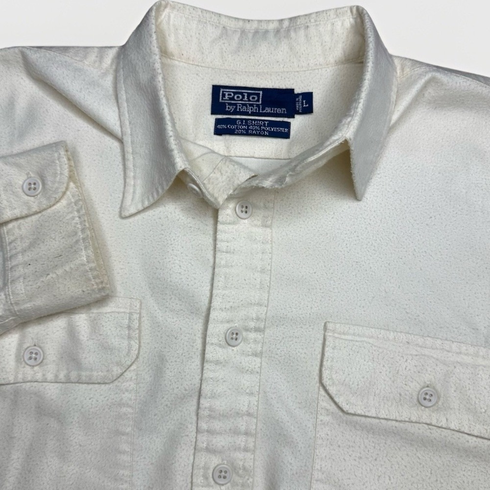 Vintage Polo Ralph Lauren GI Shirt Mens L Cream Button Up Utility Rayon Chamois